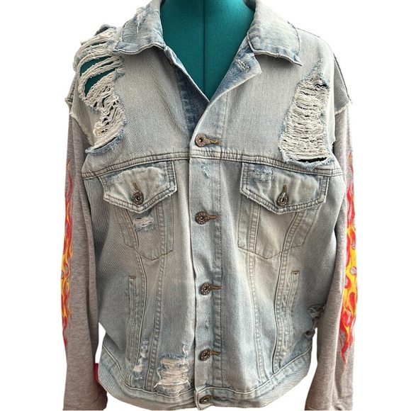 Carmar Denim Jacket w/Flames on Sleeves,”Pink Floyd The Wall”, P2P:23.5”, L:25” - Picture 2 of 14